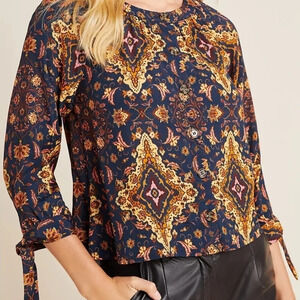NWT Kachel x Anthropologie Aleska Harvest Blouse, Button Front, 3/4 Tie Sleeves
